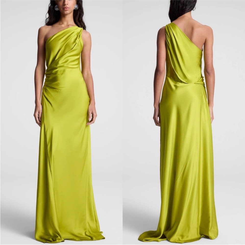 A.L.C. Aster One Shoulder Satin Maxi Gown Dress Green Amber ALC REVOLVE Sz 12